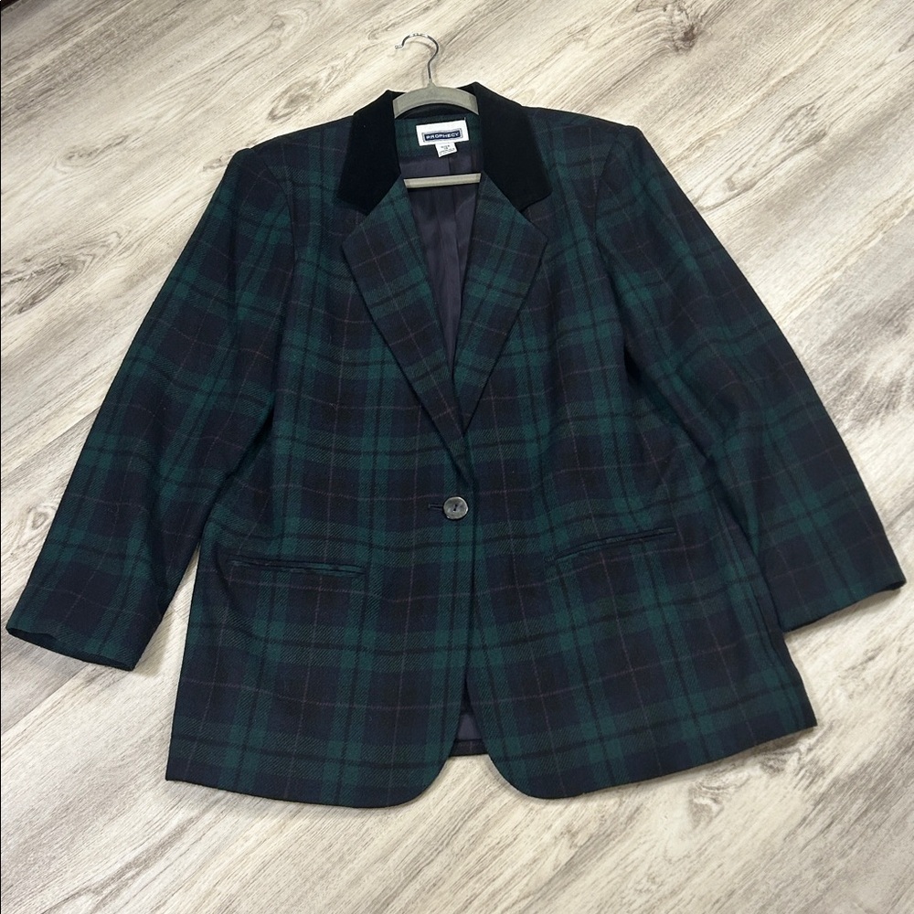 Prophecy Vintage Wool Blend Plaid Blazer Green Black Watch Tartan Velvet Collar